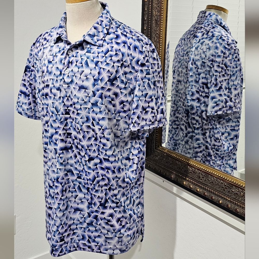 Robert Graham Geometric Blue and White Dri-FIT Golf Polo Shirt XXL
